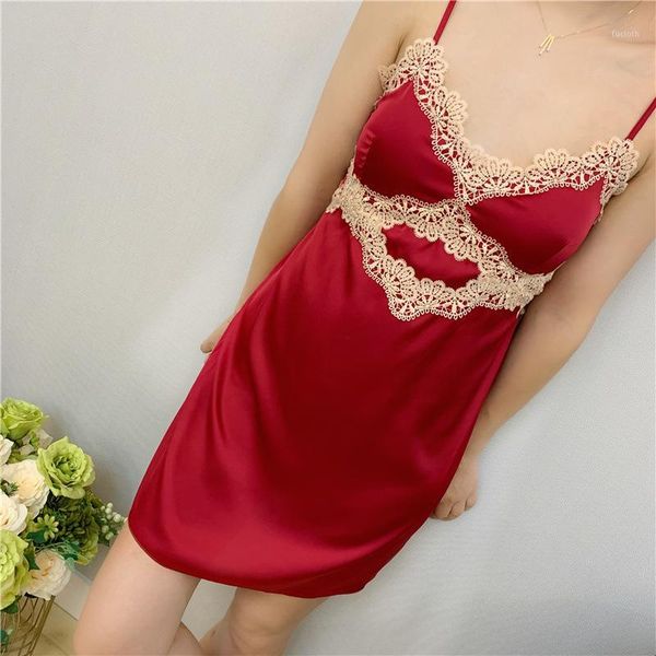 

2019 women v-neck nightgowns ladies sleepshirts nightshirts silk sleepwear satin spaghetti strap nightdress lace nightwear1, Black;red