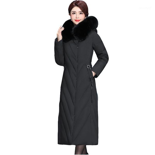 

winter down parka coat women new big fur collar hooded white duck down jacket coat female long warm overcoat plus size 6xl1, Black