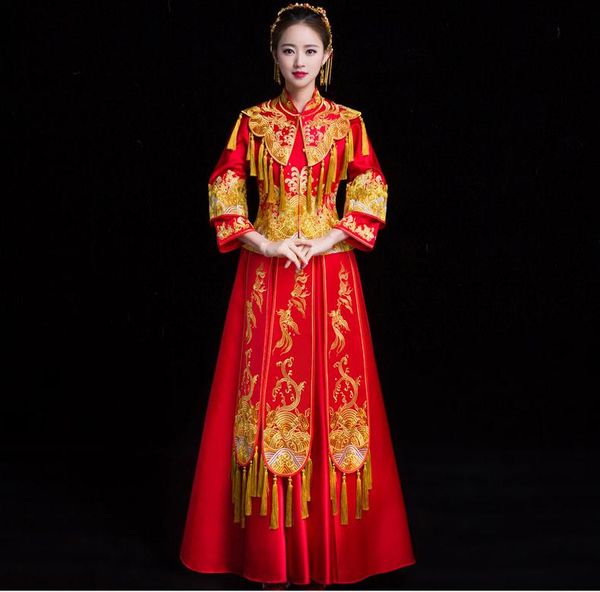 

ethnic clothing red traditional show bride embroidery cheongsam married suits chinese style wedding formal dress female overseas qipao