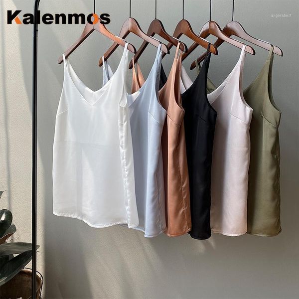 

kalenmos korean tank women chic boho pure color satin material boho v-neck elegant harajuku summer white camis1