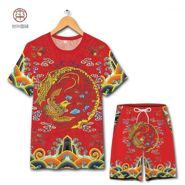 

chinese national style phoenix pattern printing t shirt and shorts suit summer 2018 new hollow breathable quality mens short set1, Gray