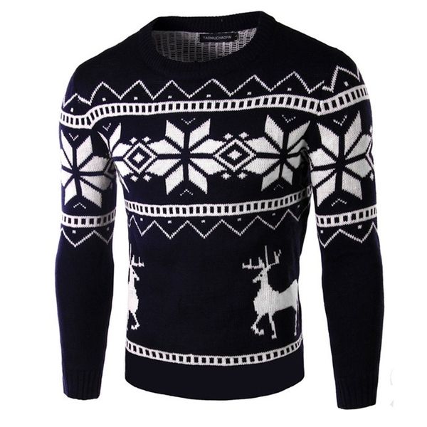 

e-baihui 2021 autumn and winter men's round neck sweater casual tights christmas snowflake elk print pullover afii-myahob, White;black