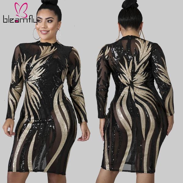 Повседневные платья 2021 плюс размер XL ~ 5XL осень женское платье с длинным рукавом о шеи Bodycon Sequins Sexy Club Party Night Elegant Vestidos