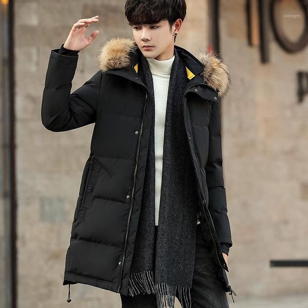 

winter long parkas men cotton padded clothing fashion smart casual slim thick warm mens coats fur hooded overcoats male clothes1, Black