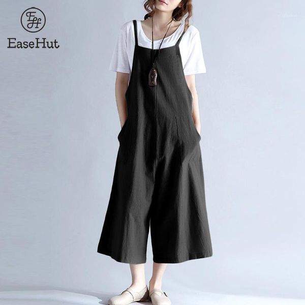 

easehut 2020 plus size women's linen summer jumpsuit long wide leg romper strappy dungaree overalls casual black jumpsuit1, Black;white