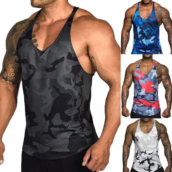 

men's running fitness vest camouflage print sleeveless shirt gym sports vest undershirt for men1, Black;blue