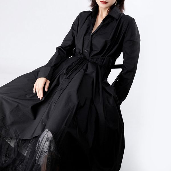 

eam] 2021 new spring autumn lapel long sleeve button bandage stitch pleated irregular shirt dress women fashion tide jy778 y0118, Black;gray