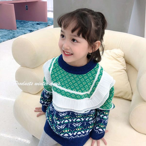 

children's winter horse round neck jacquard girls lace pullover sweater, Blue