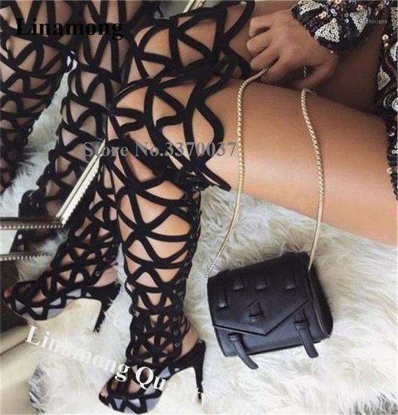 

fashion peep toe mesh carved over knee stiletto heel gladiator boots cut-out black white straps cross long high heel sandal boot1