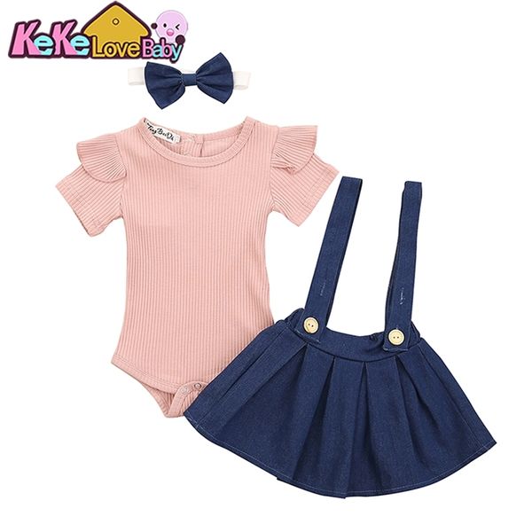 Newborn Baby Girls Одежда набор мод рюшанный розовый ползунки топы повязки ремень платье для девочек наряды летняя младенческая одежда наборы LJ201221