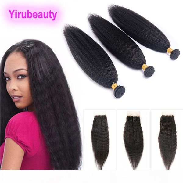 

indian bundles with lace closure yaki straight human hair extensions kinky straight 3 bundles with 4 x 4 closure baby hair, Black;brown