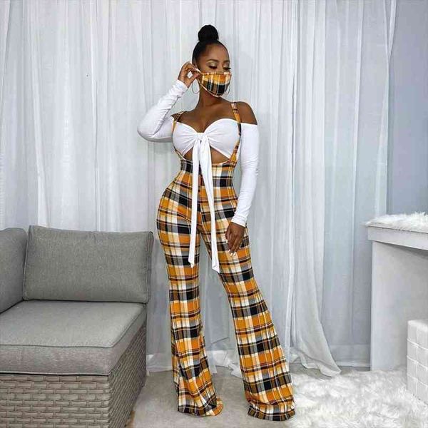 

plaid jumpsuit two piece set women bodycon crop long sleeve bowknot romper pants autumn overalls suits, Black;white
