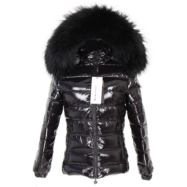

2021 new winter short white duck down lining real warm black raccoon tail bright streetwear jacket ladies a1qq, Black;brown