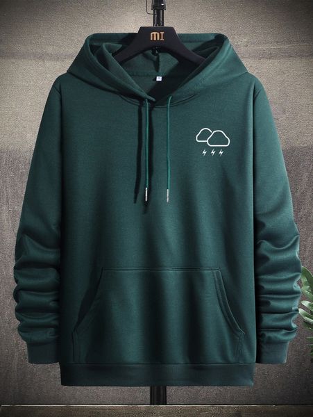 

men cloud & lightning print kangaroo pocket drawstring hoodie p17v#, Black