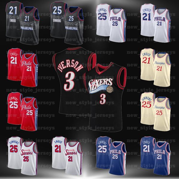 

embiid ncaa iverson 21 embiid 3 allen 25 ben joel simmons philadelphia 76er men city black blue basketball jerseys, Black;red