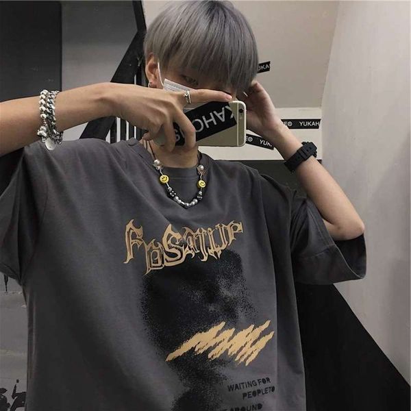 

lan sin summer korea ins dark ku harajuku wind funeral printed loose short sleeve t-shirt women fashion, Black;gray
