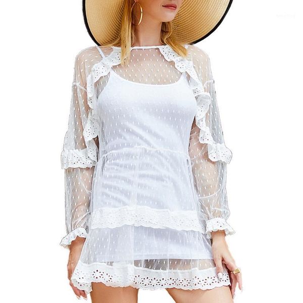 

women t shirt see through transparent long sleeve princess wind bud silk hollow out hook flower bask turtleneck t-shirt 1pc1, White