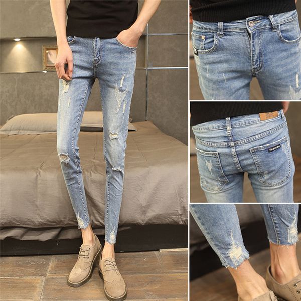 

wholesale 2020 fashion hip hop students ripped hole denim male slim hair stylist stretch tight pencil teenagers ankle pants men q0105, Black;white