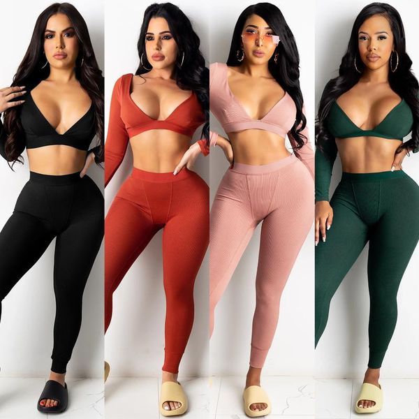 

yoga outfits solid ribbed suit gym sporty fitness two piece set running sports jogging long sleeve leggings workout wear, White;red