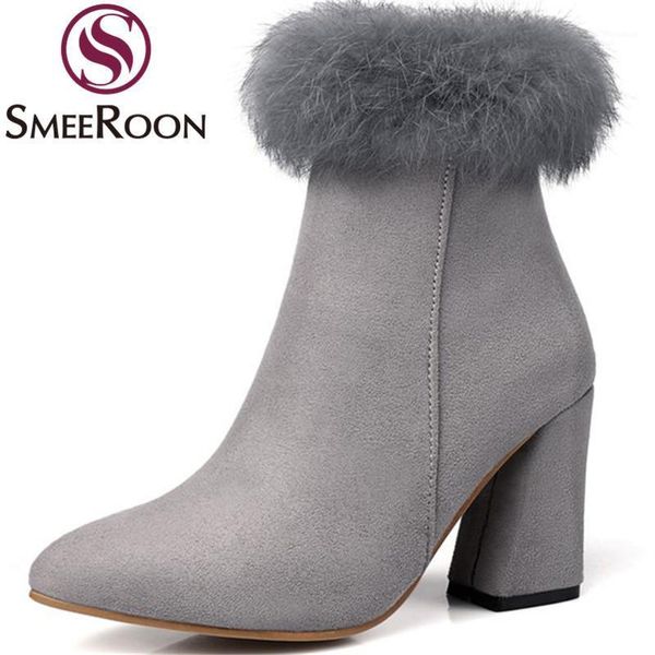 

boots smeeroon pointed toe high heels flock ankle for women leisure office keep warm winter snow party shoes woman1, Black