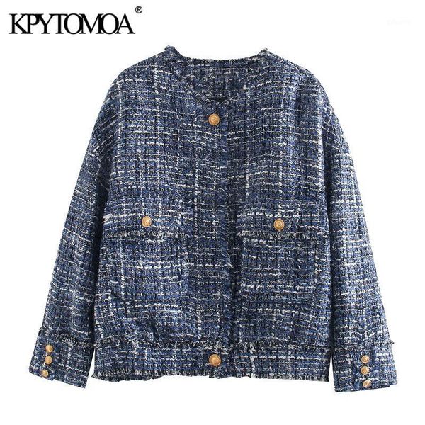 

kpytomoa women 2020 fashion frayed trims pockets tweed jacket coat vintage o neck long sleeve loose female outerwear chic 1, Black;brown