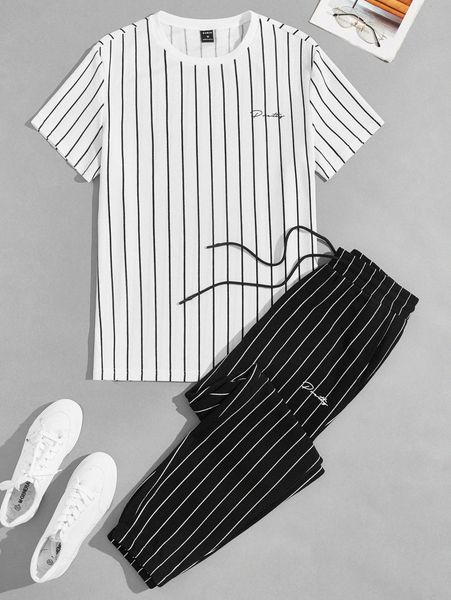 

men vertical striped letter graphic tee & drawstring waist pants e1zn#, Gray