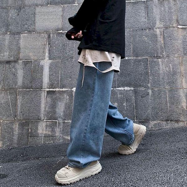 

men's jeans autumn spring harajuku straight pants solid vintage wide leg women loose high waist trousers streetwear, Blue