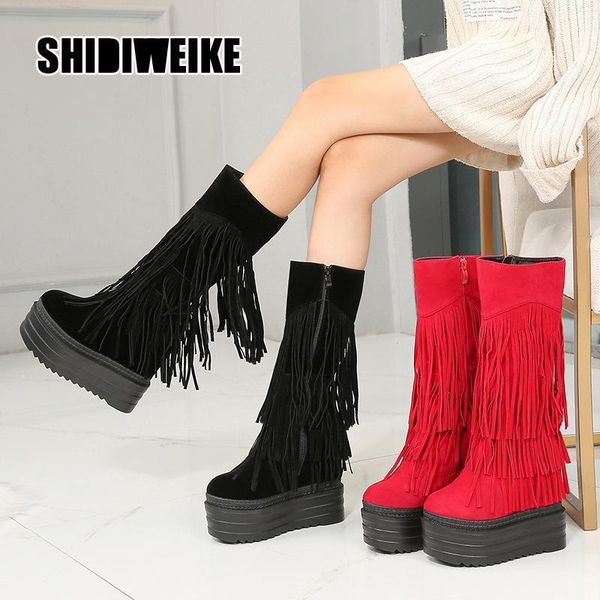 

boots women's autumn tassels suede ladies gladiator high heels middle calf booties platform female shoes 2021 v7211, Black