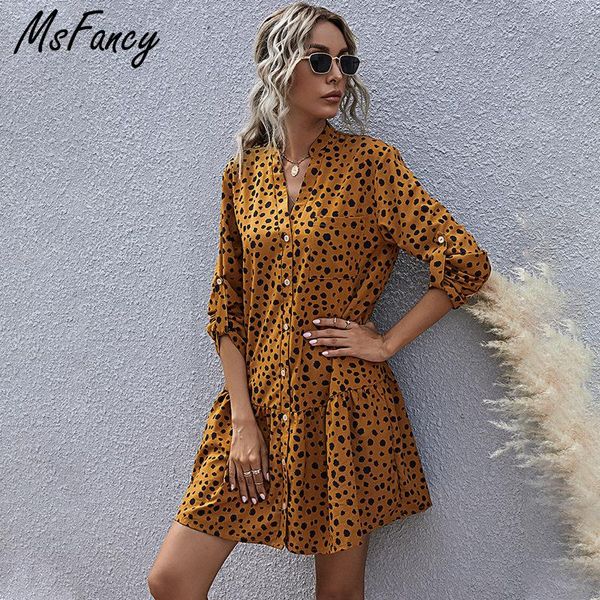

2021 spring leopard print chiffon dress women french long sleeve shirt dress ruffles v-neck holiday mini, Black;gray