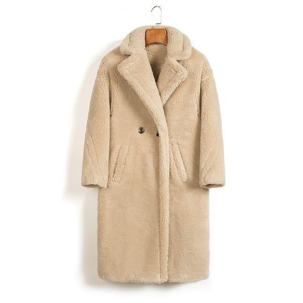 

2021 new winter warm faux fur wool women coats thick long v neck loose casual chic bear color female overcoats casaco feminino, Black