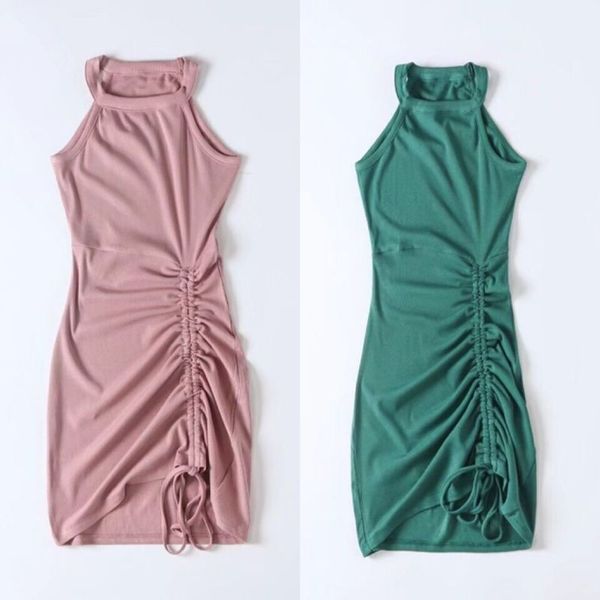 

shoulder women's small cotton round neck narrow back heart bag hip skirt side pleated vest dress, Black;gray