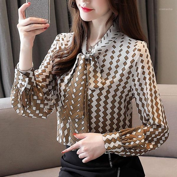 

autumn blouse women 2020 ladies bow printing chiffon blouse button plaid long sleeve shirts blusas femininas clothes 03321, White