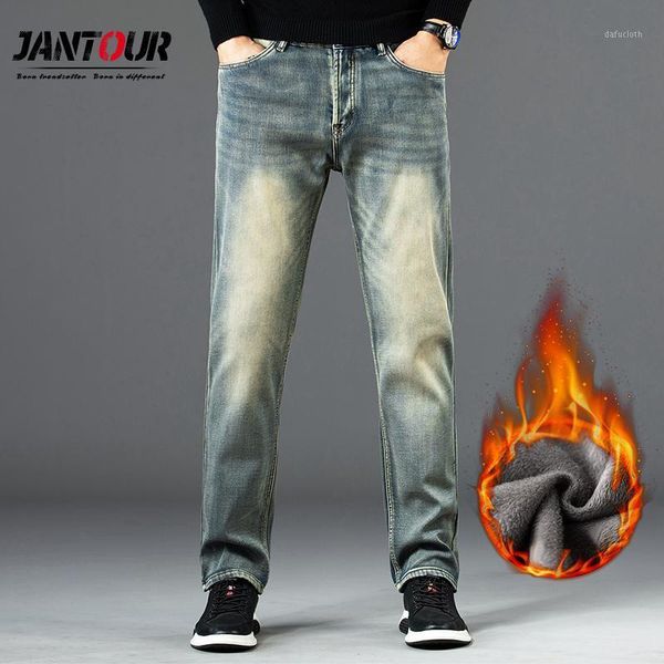 

jantour vintage jeans winter fleece thicken classic vintage blue men jeans moto&biker style elasticity pantalon homme size 28-401