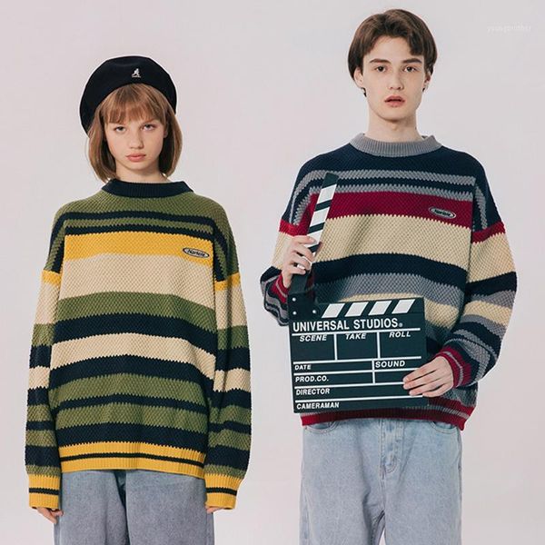 

men's sweaters retro knitted sweater men streetwear striped harajuku lovers knitwear rainbow o-neck pullovers1, White;black