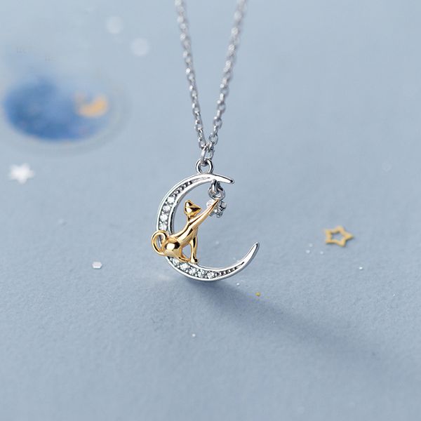 100% real 925 Sterling prata de dois tons gato e lua pingente colares cute jóias para mulheres meninas aniversário de natal presentes q0531