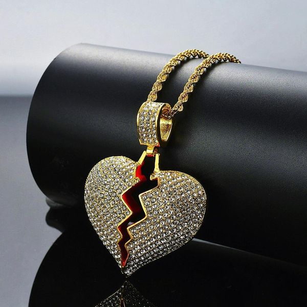 

luxury necklace men heart shaped alloy rhinestone pendant stainless steel twist chain hip hop rock trendy couple classic jewelry q0531, Silver