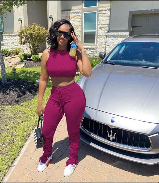 

tracksuits sleeveless crop t-shirt & skinny stacked leggings pants suit fitness outfits matching set women set two pieces sets1, White