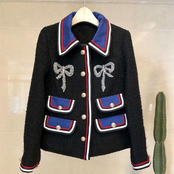 

2020 autumn winter runways chic women's tweed coat elegant pockets jackets for women c2291, Black;brown