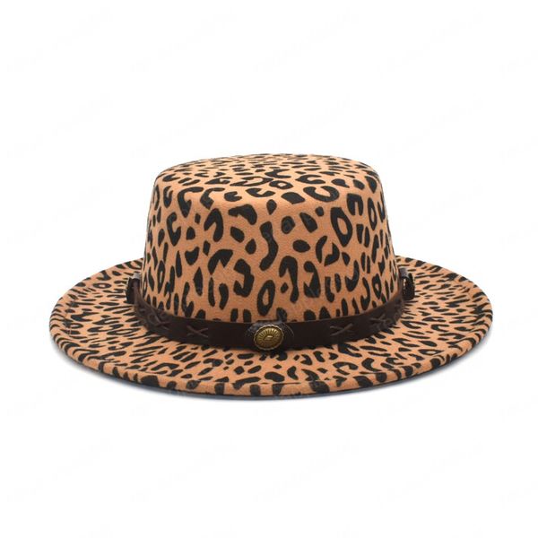 Nuovo cappello Fedora con stampa leopardata per donna cappello a cilindro piatto in lana a tesa larga cappelli a bombetta vintage da uomo cappello jazz