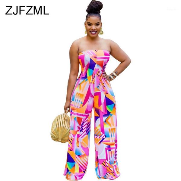 

geometric print loose rompers womens jumpsuit off the shoulder backless wide leg bodysuit vintage strapless sleeveless playsuits1, Black;white