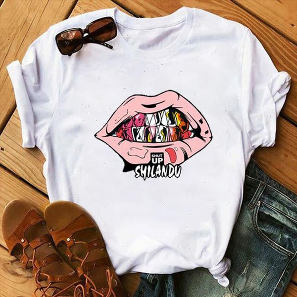 

new arrival cartoon lips print women tshirts women round neck loose harajuku white t shirt korean style female clothing
