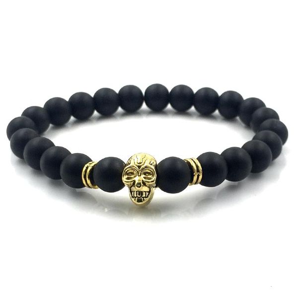 

new 8mm black matte beads bracelets zinc alloy skeleton skull charm bracelets bangles for women men fashion jewelry gift b18033, Golden;silver