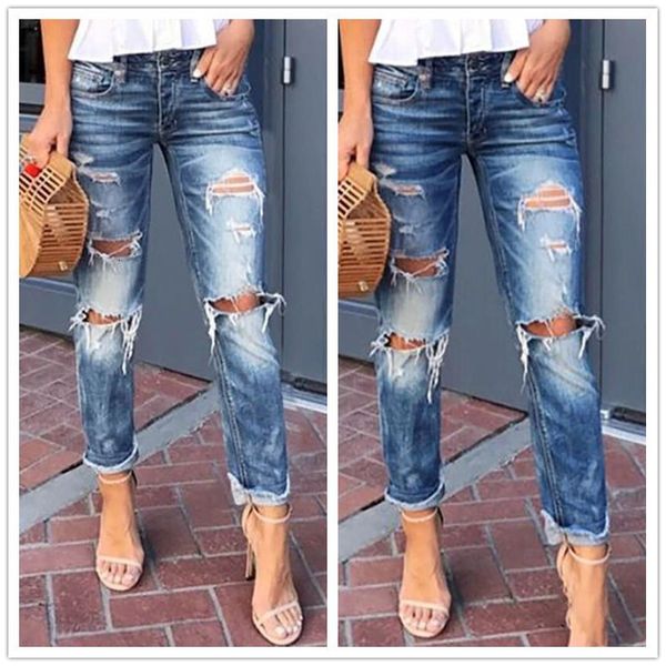 

wash hole loose straight waist jeans for women, Blue