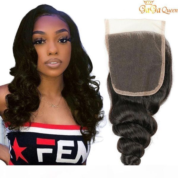 

singe one closure 4x4 loose wave unproceseed brazilian loose wave human hair lace closure nature black, Black;brown