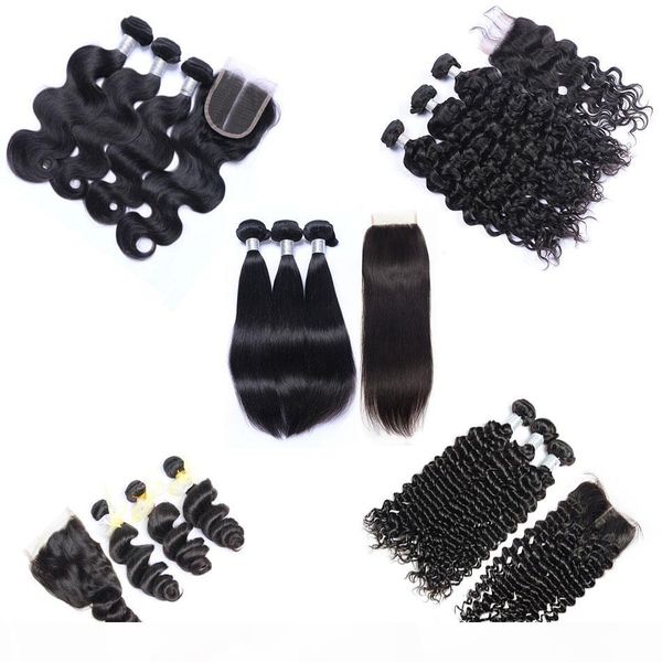 

malaysian virgin hair weave 3 bundles with lace closure unprocessed remy human hair body wave straight loose deep curly wet and wavy closure, Black