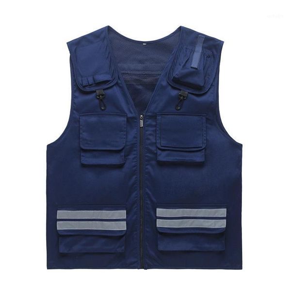

2020 men's multi-pocket reflective strip work vest four seasons v-neck zip canvas vest1, Black;white
