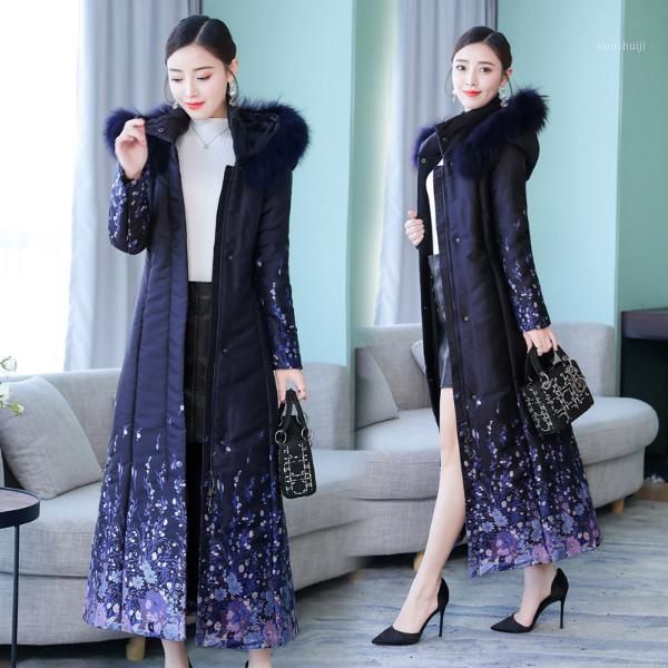 

2018 new fashion printing hat long jacquard luxury thin blue thick padded padded jacket down jacket women 900811, Black