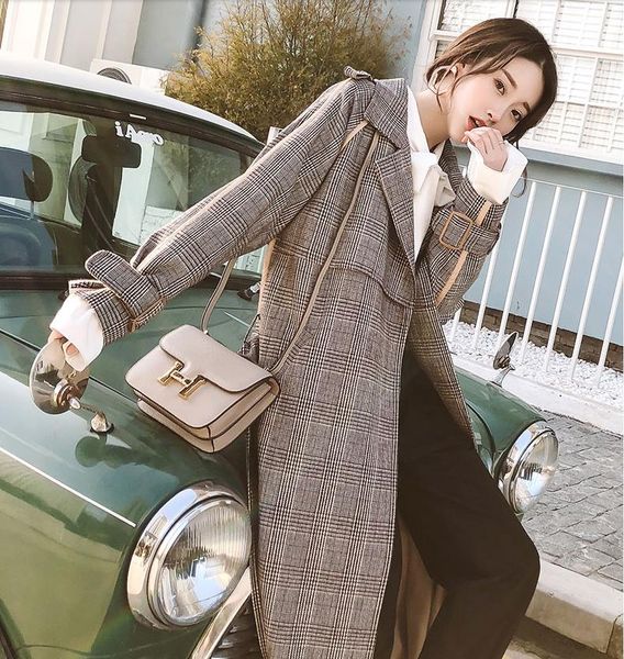 

women's trench coats long belt plaid coat women autumn winter qualities v-neck sleeve windbreaker ladies wide-waisted, Tan;black