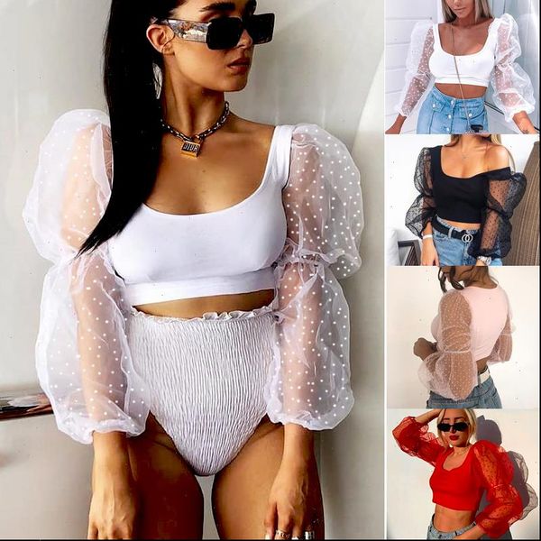 

womens blouses ladies see through sheer mesh dot blouse transparent puff long sleeve cropped shirts summer casual new, White