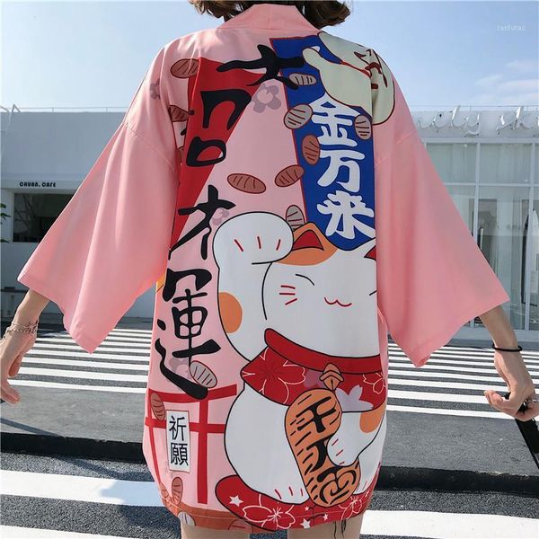 

women harajuku cardigan lucky cat print japanese kimono summer beach kimono casual outerwear female anime clothes jacket1, Red